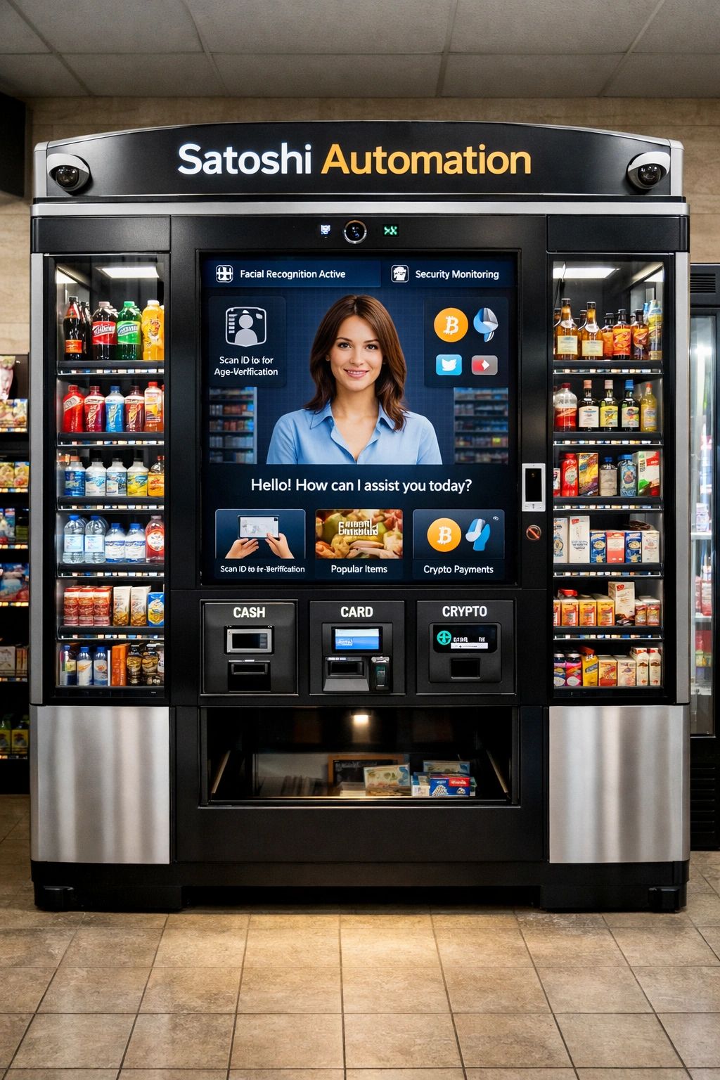 Satoshi Automation smart vending machine with AI assistant and crypto payments